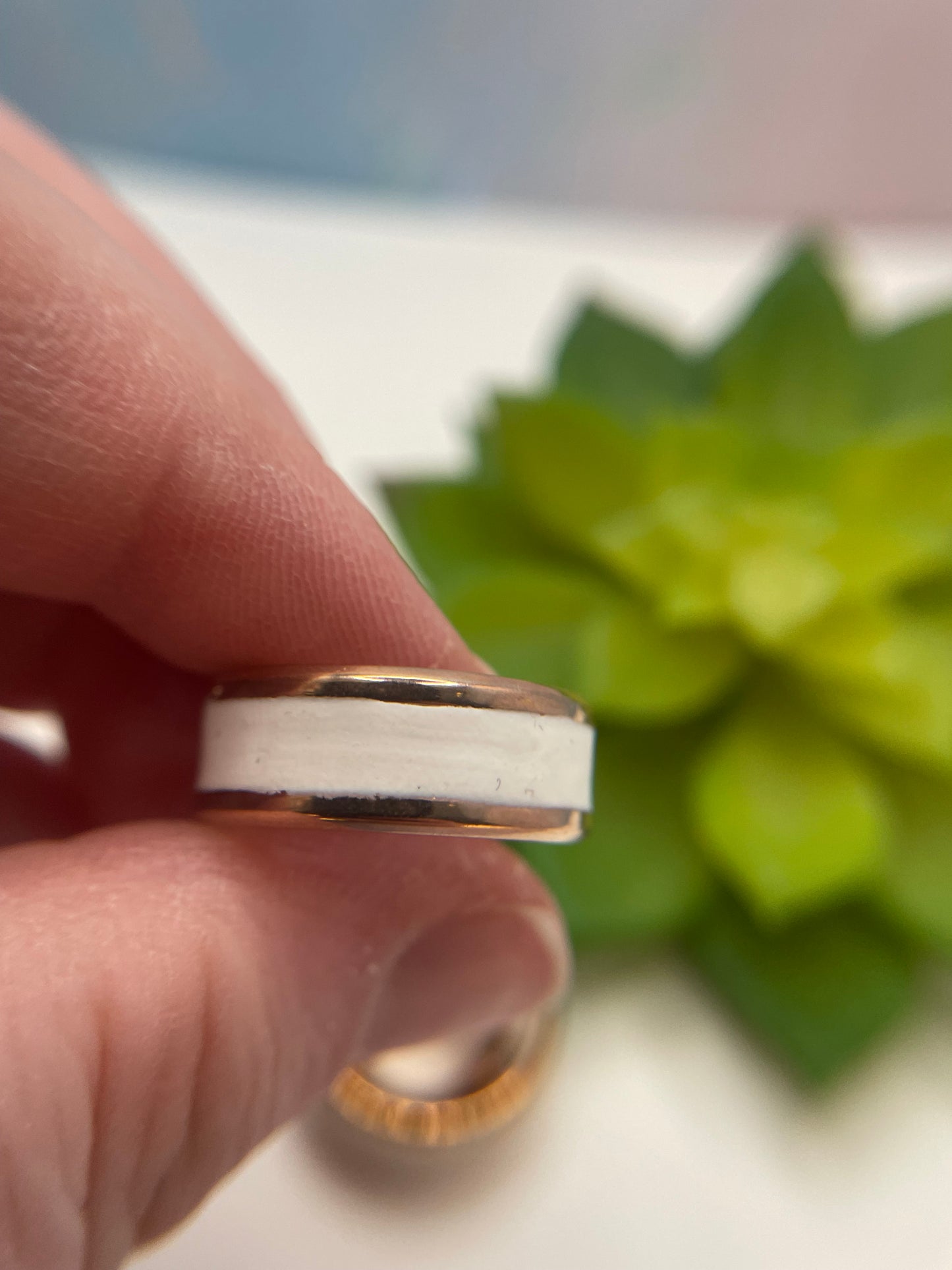 Stainless Steel Ring with White Polymer Clay Inlay – Rose Gold Finish