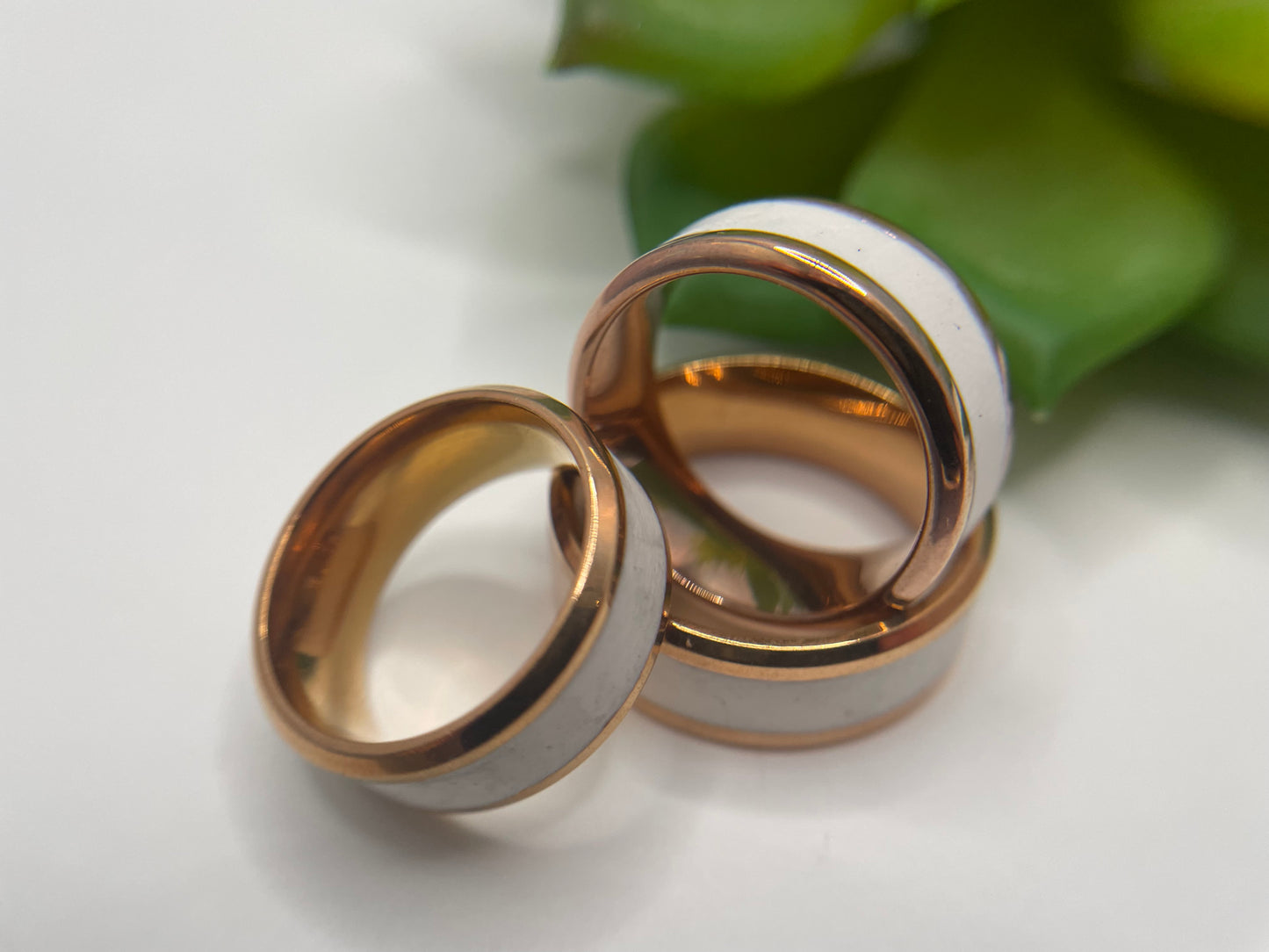 Stainless Steel Ring with White Polymer Clay Inlay – Rose Gold Finish