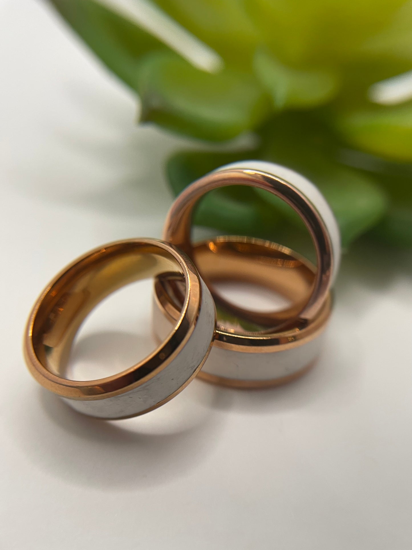 Stainless Steel Ring with White Polymer Clay Inlay – Rose Gold Finish