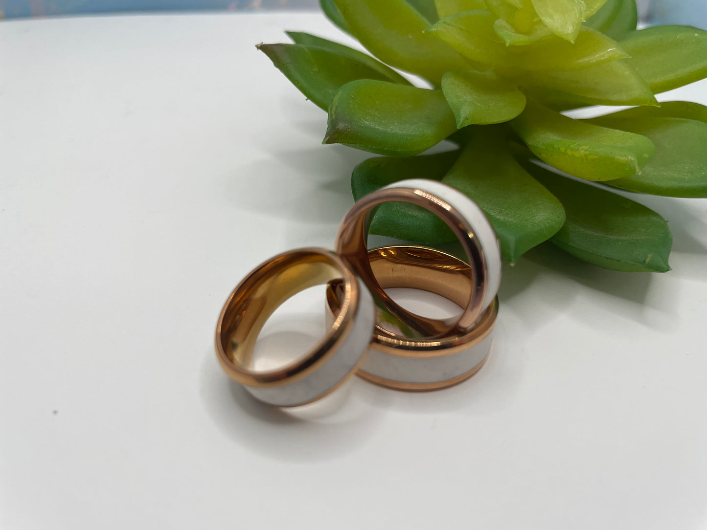 Stainless Steel Ring with White Polymer Clay Inlay – Rose Gold Finish