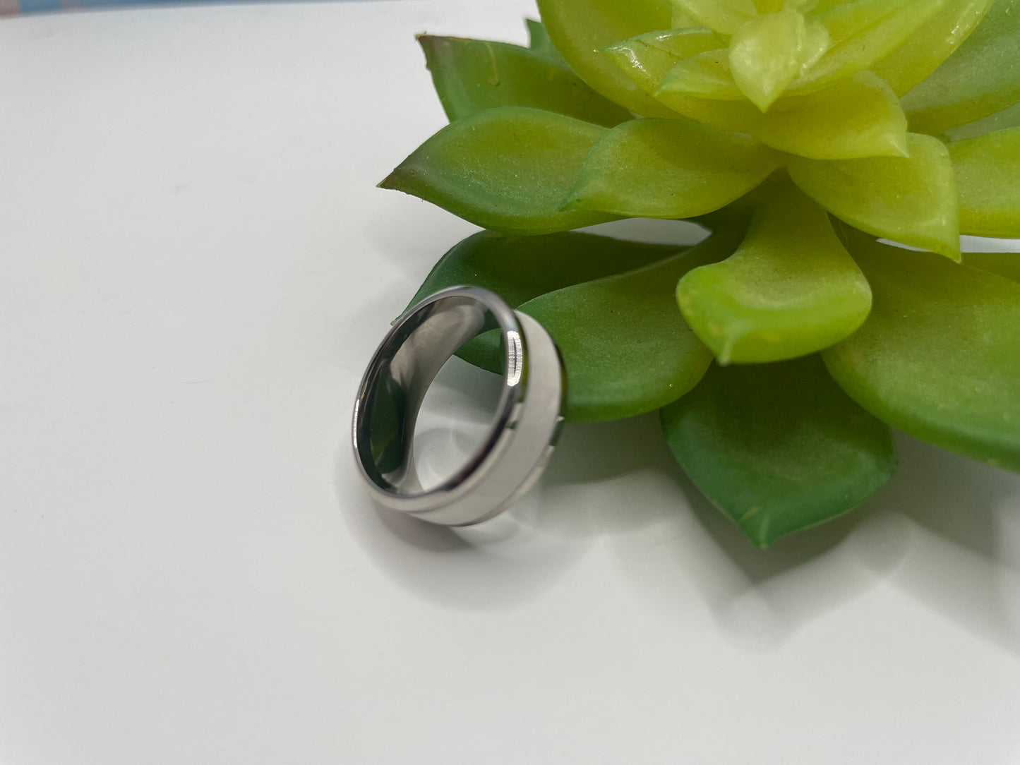 Stainless Steel Ring with White Polymer Clay Inlay-Size 8US