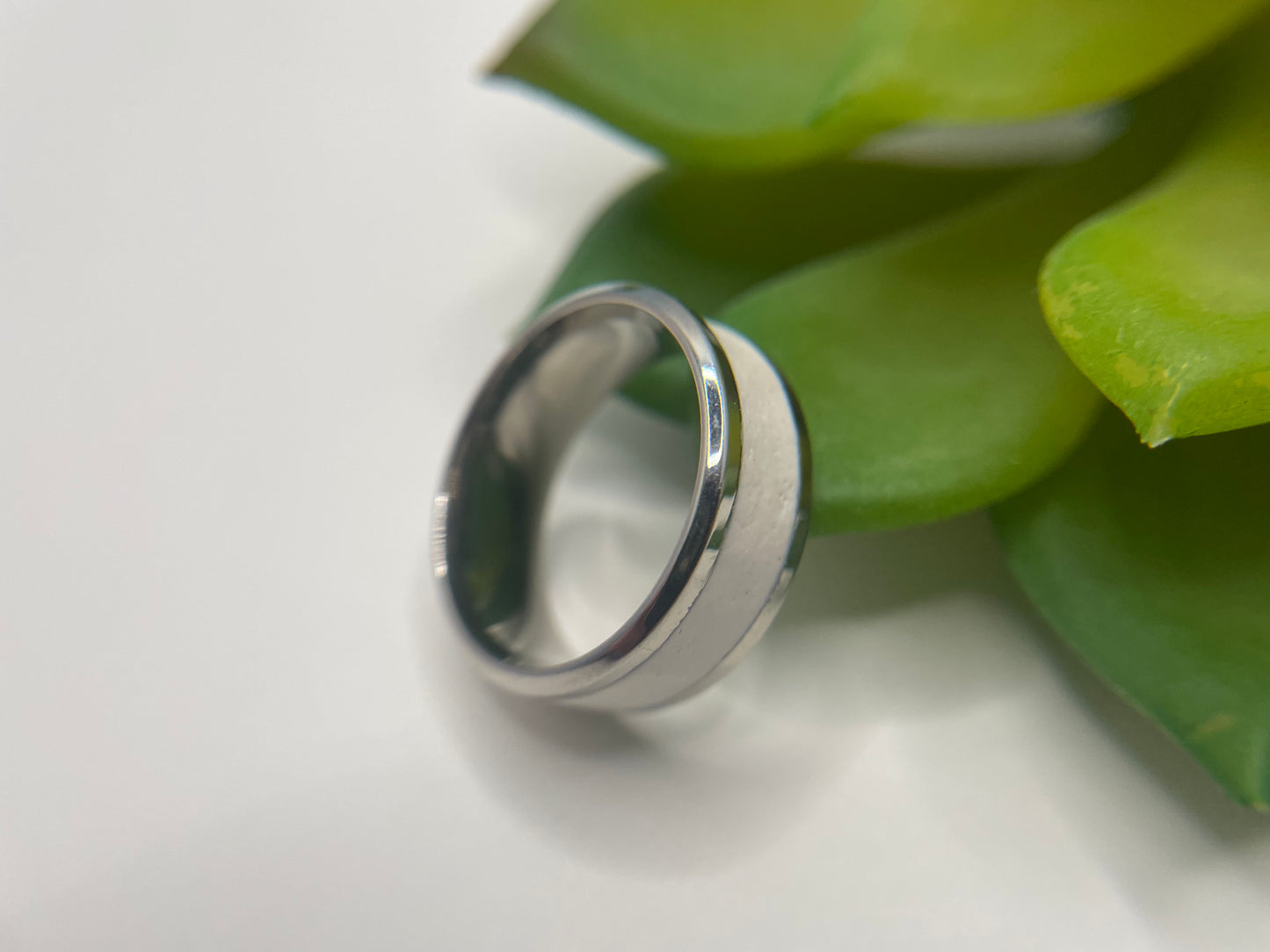Stainless Steel Ring with White Polymer Clay Inlay-Size 8US