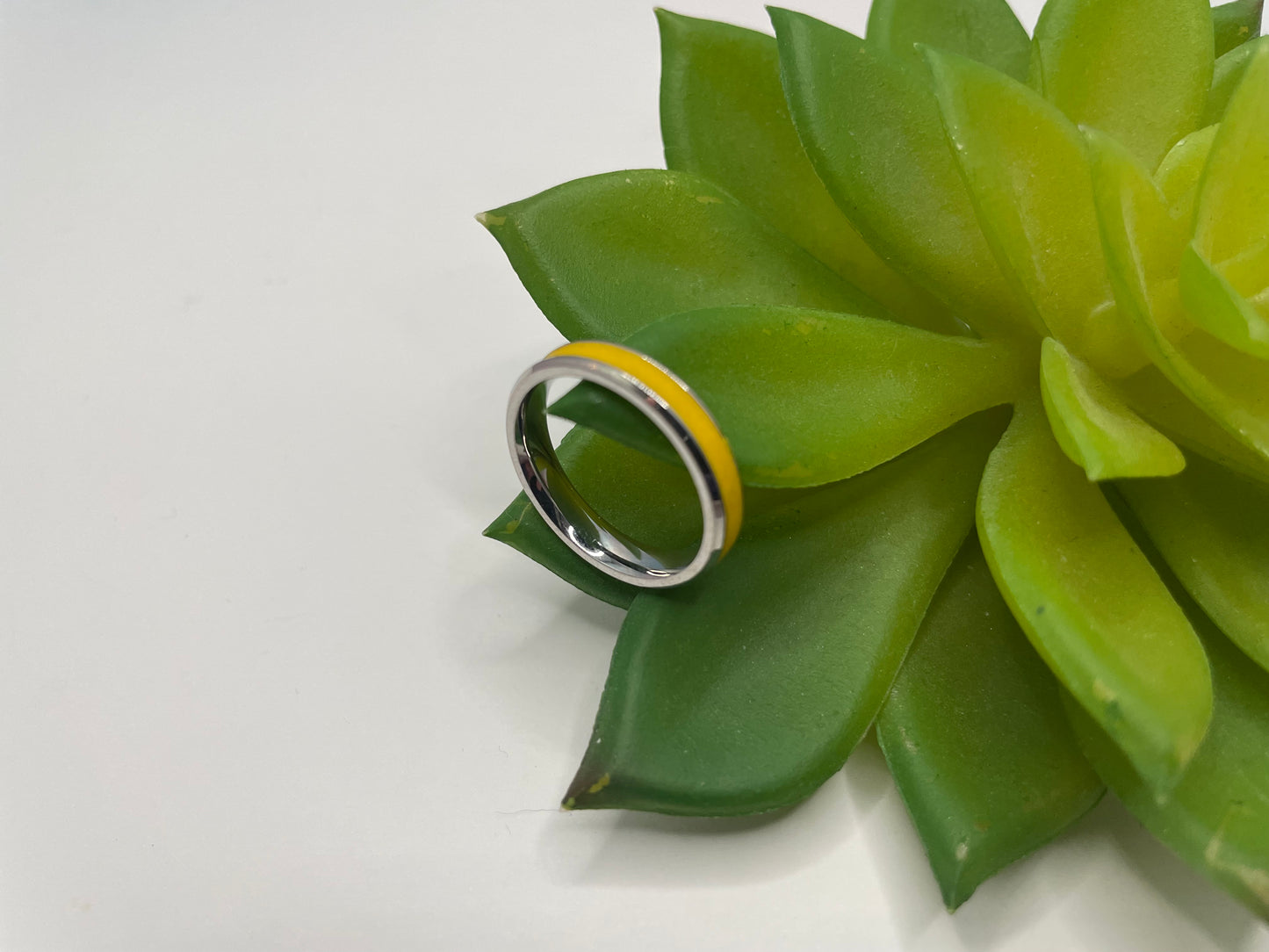 Stainless Steel Ring with Yellow Polymer Clay Inlay-Size 6 ½US