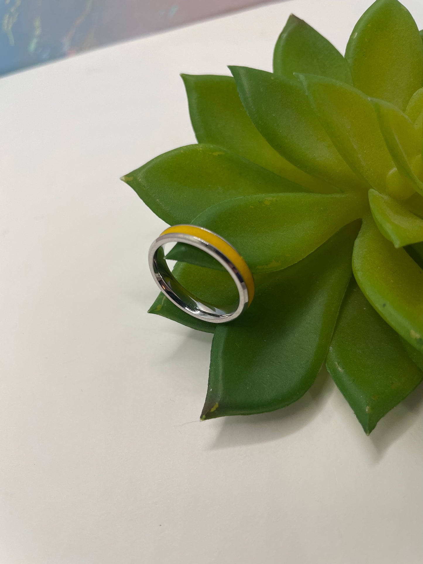 Stainless Steel Ring with Yellow Polymer Clay Inlay-Size 6 ½US