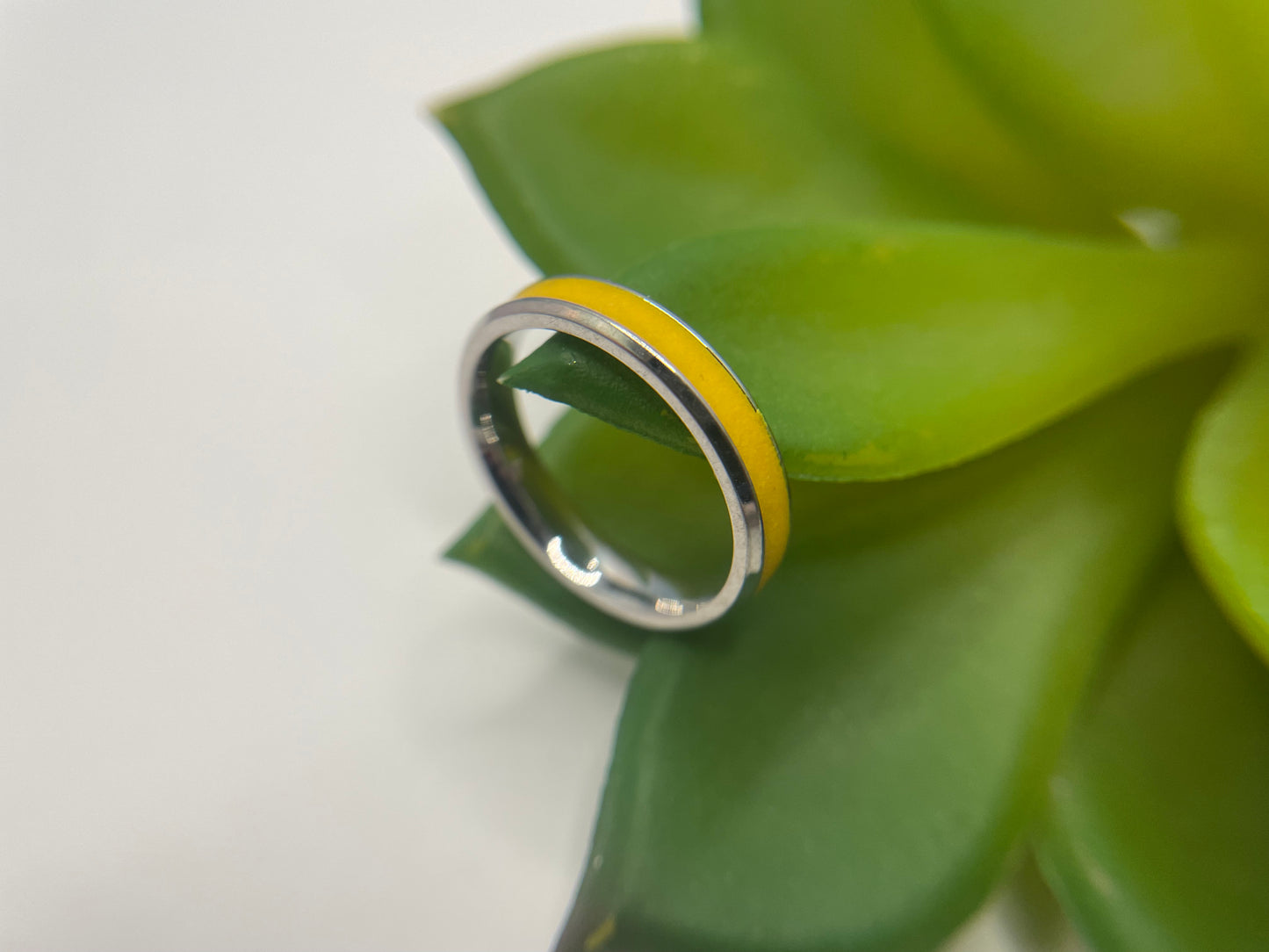 Stainless Steel Ring with Yellow Polymer Clay Inlay-Size 6 ½US