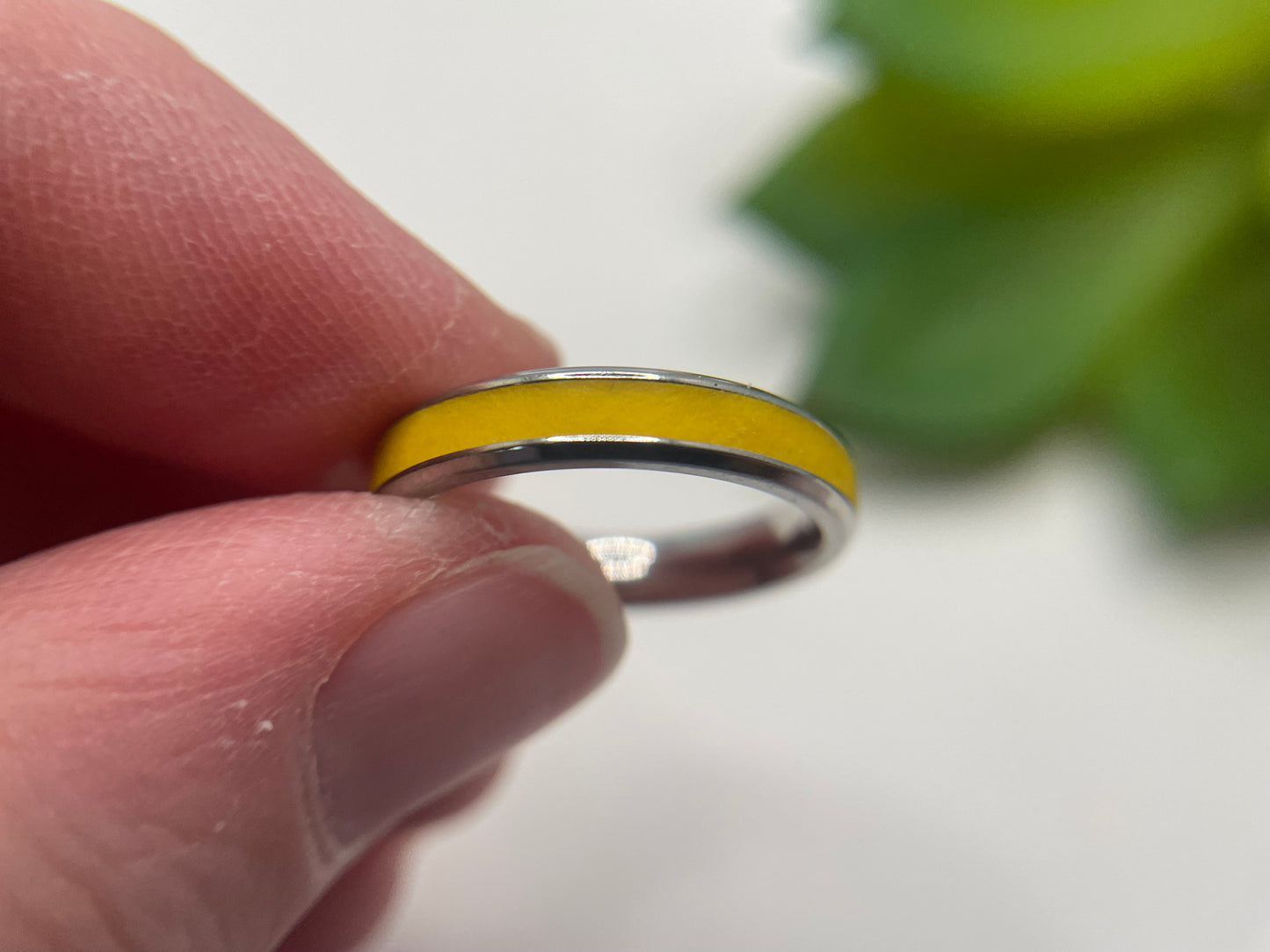 Stainless Steel Ring with Yellow Polymer Clay Inlay-Size 6 ½US
