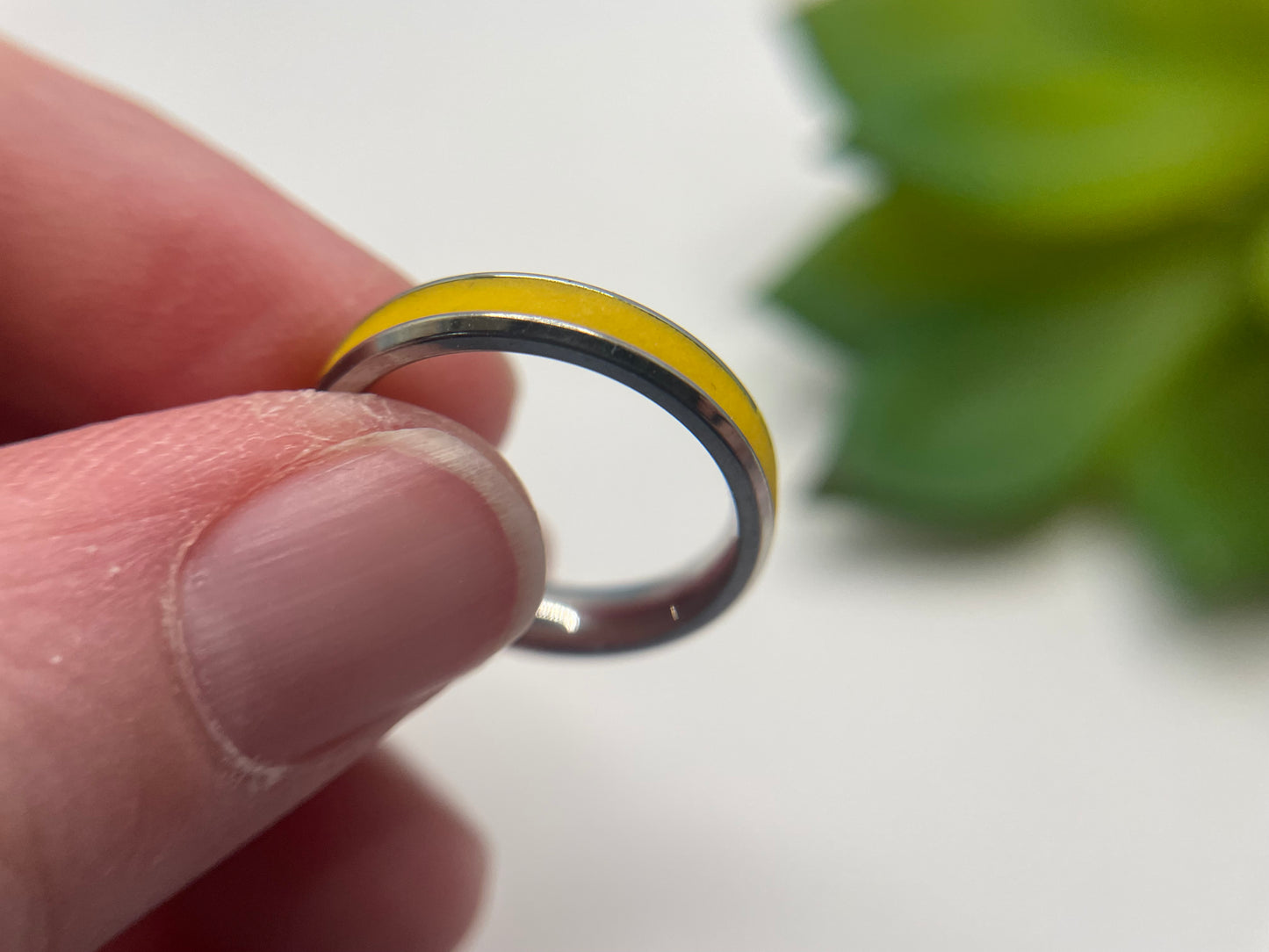 Stainless Steel Ring with Yellow Polymer Clay Inlay-Size 6 ½US