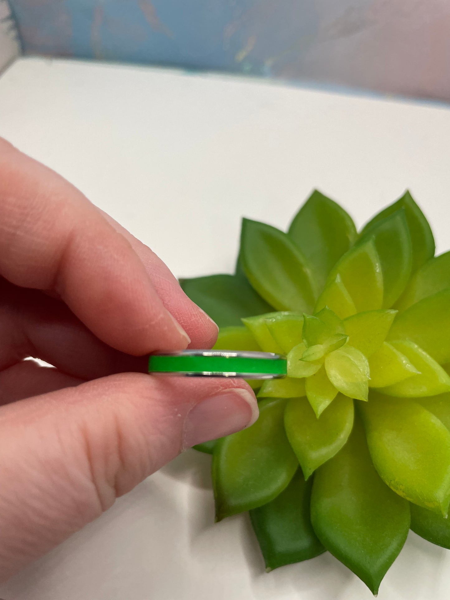 Stainless Steel Ring with Green Polymer Clay Inlay-Size 9US