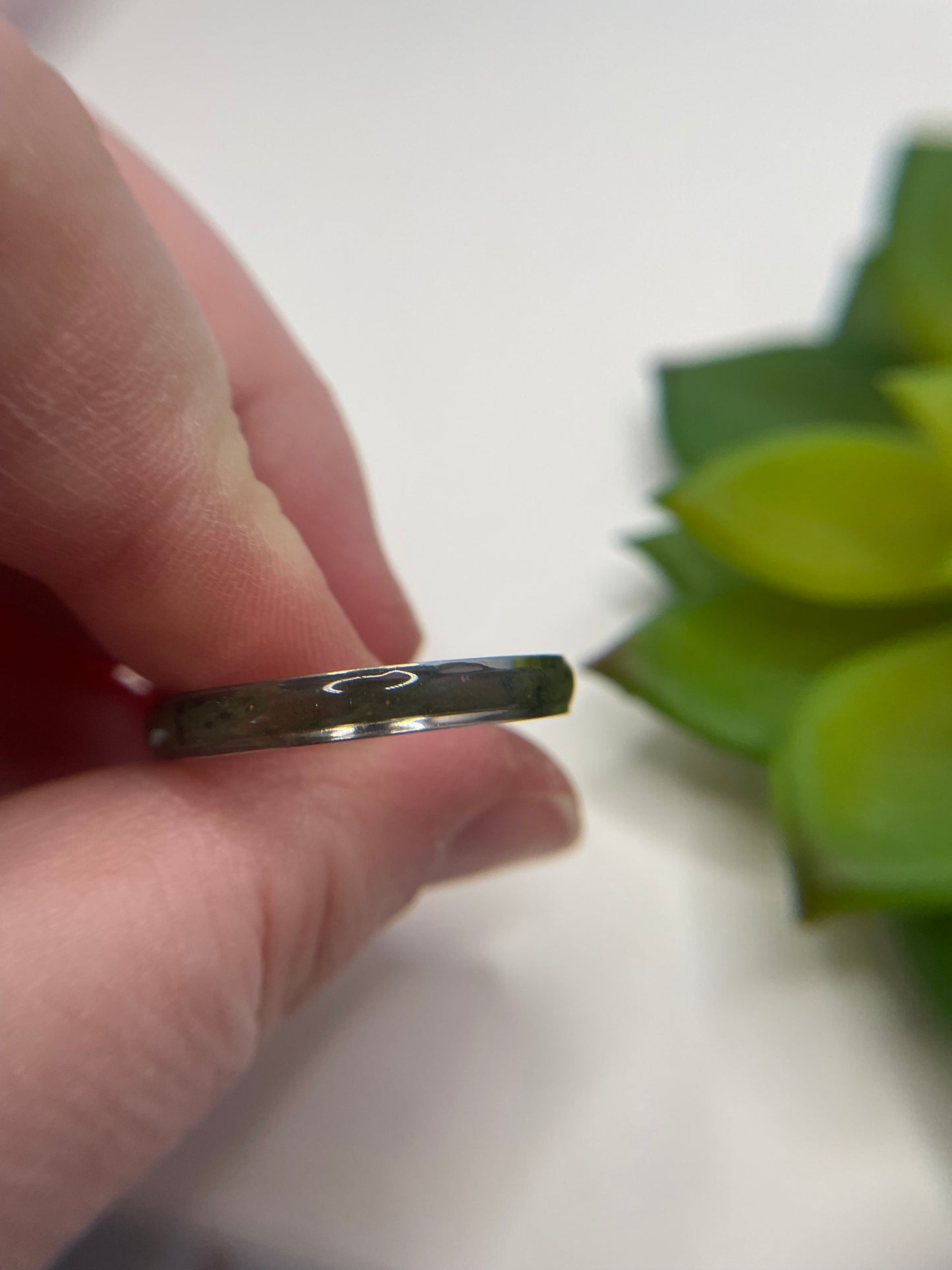 Silver Stainless Steel Ring with Camo Polymer Clay Inlay (UV Resin Finish)