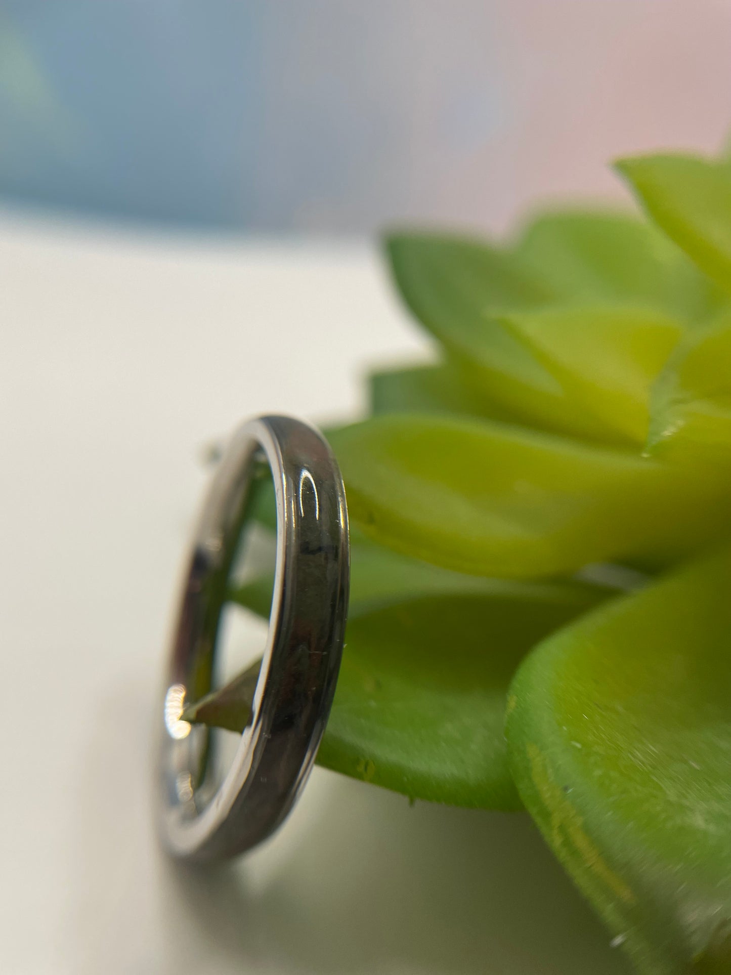 Silver Stainless Steel Ring with Camo Polymer Clay Inlay (UV Resin Finish)