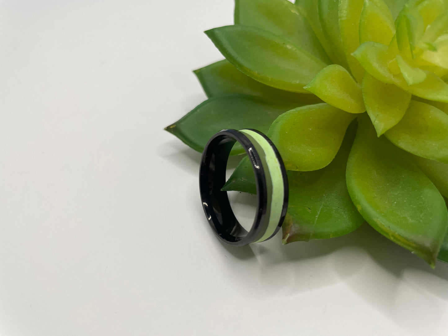Two-Tone Green Inlay Stainless Steel Ring (Black Finish) Size14US