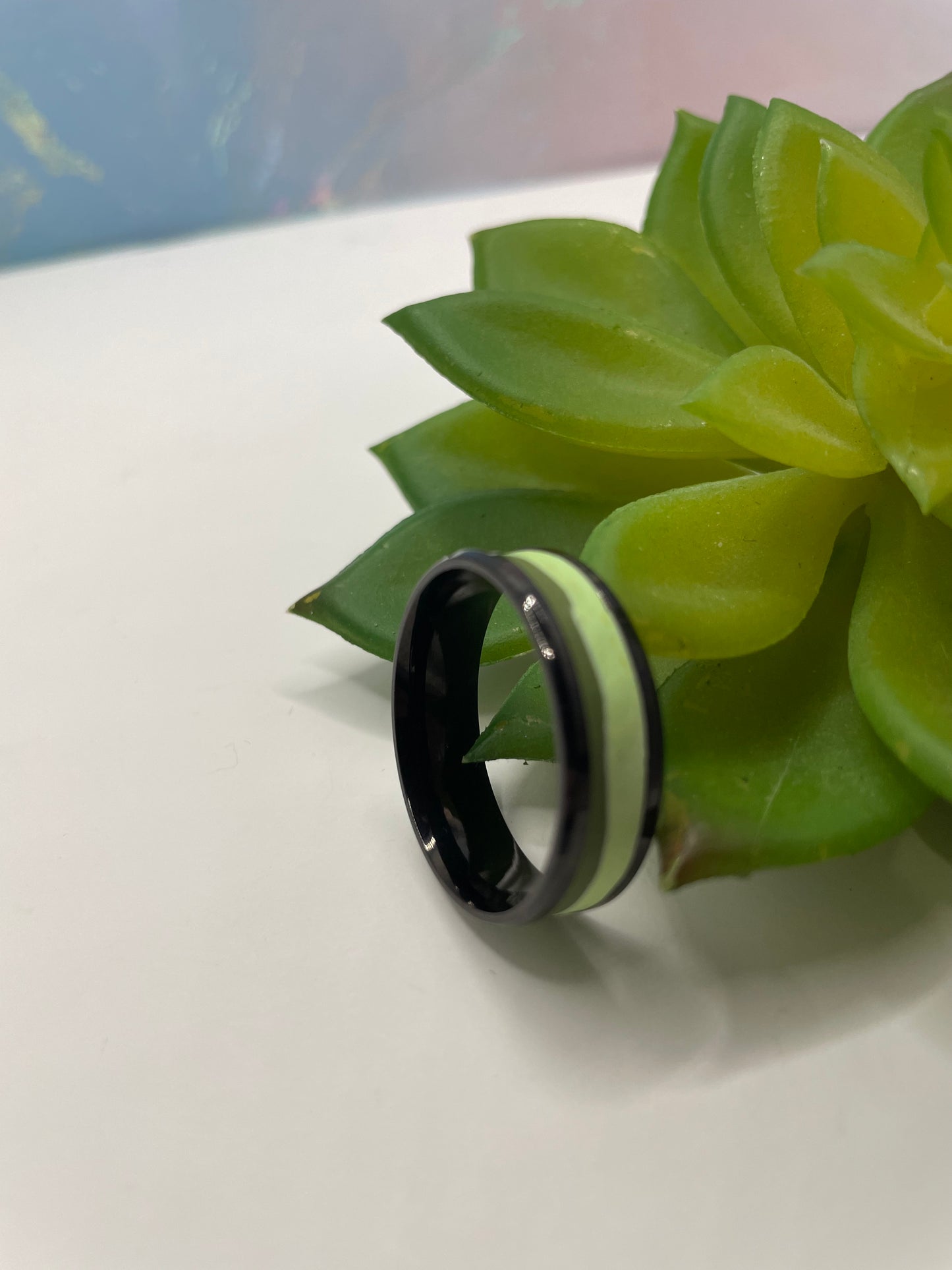 Two-Tone Green Inlay Stainless Steel Ring (Black Finish) Size14US