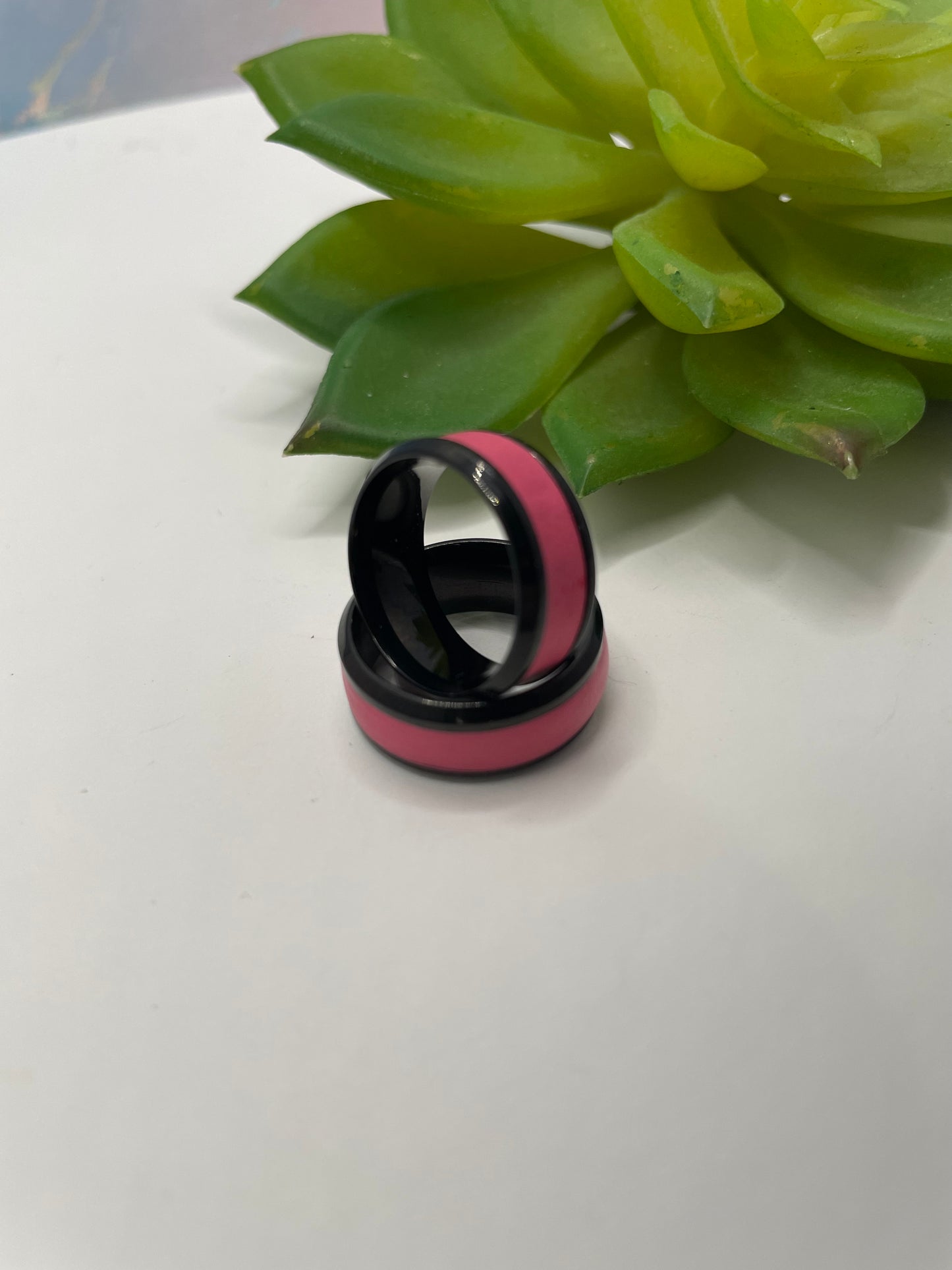 Stainless Steel Ring with Pink Polymer Clay Inlay (Black Finish)