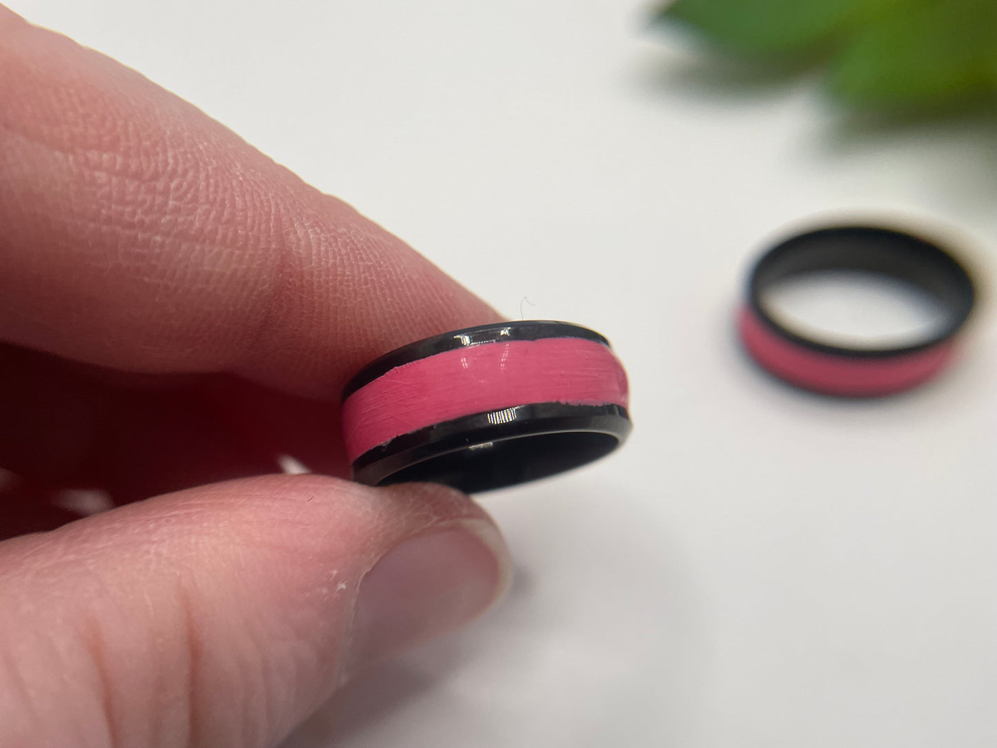 Stainless Steel Ring with Pink Polymer Clay Inlay (Black Finish)