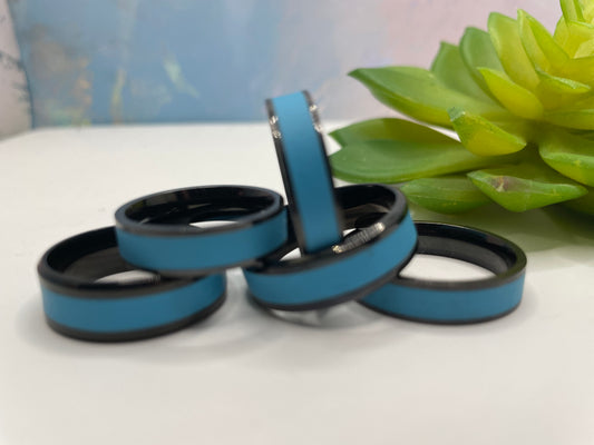 Black Stainless Steel Ring with Blue Polymer Clay Inlay
