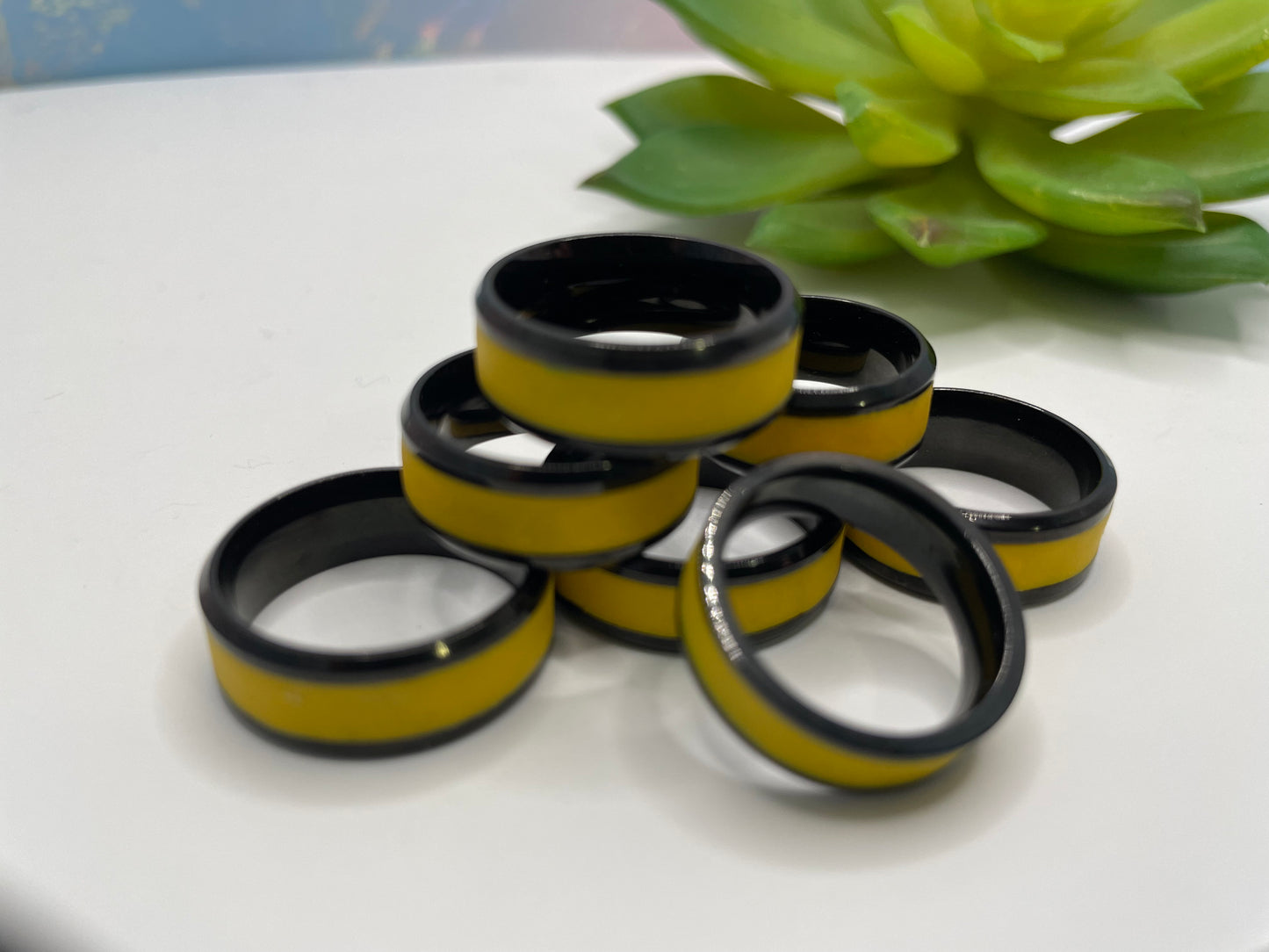 Yellow Polymer Clay Inlay Stainless Steel Ring (Black Finish)