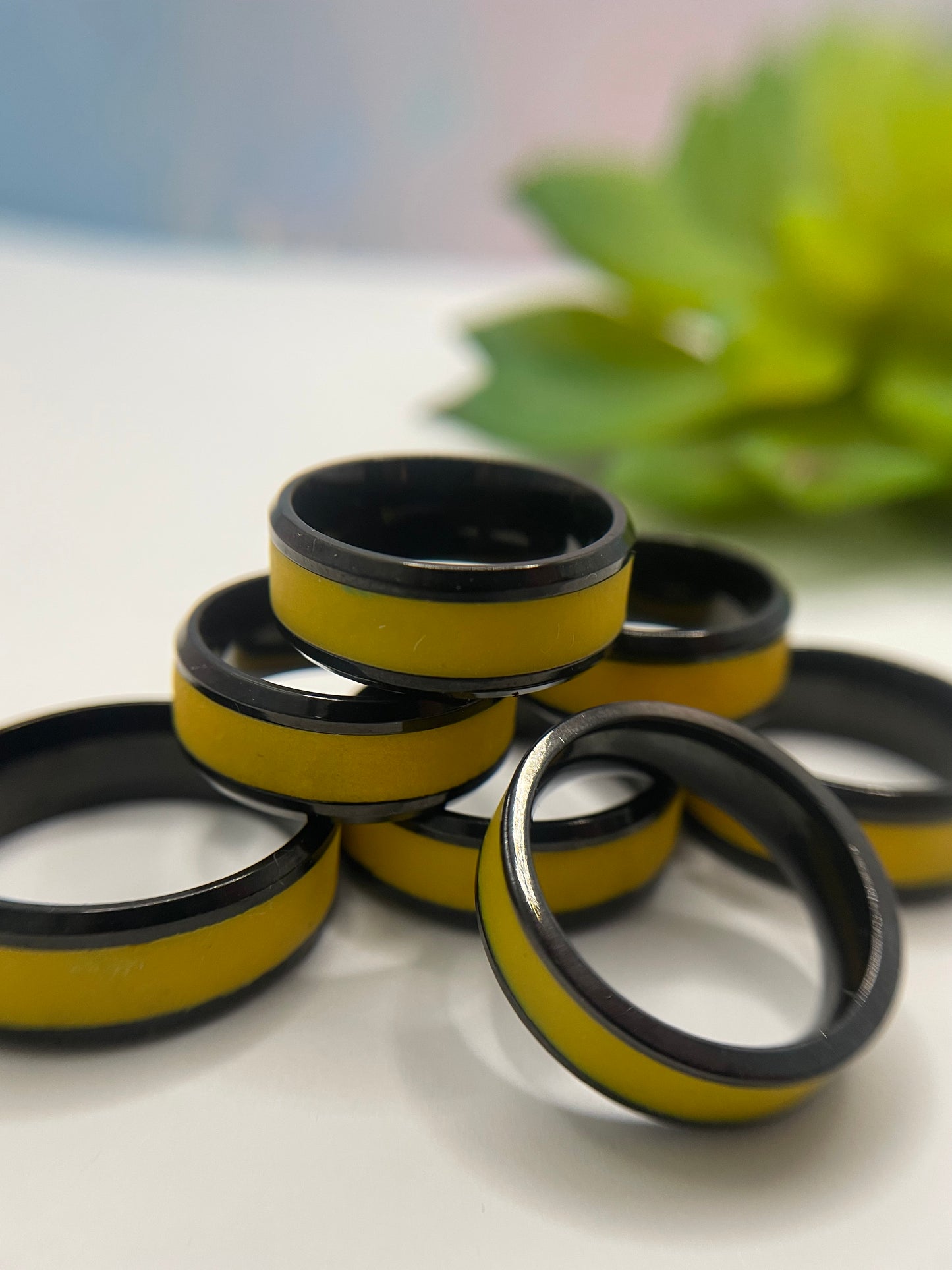 Yellow Polymer Clay Inlay Stainless Steel Ring (Black Finish)