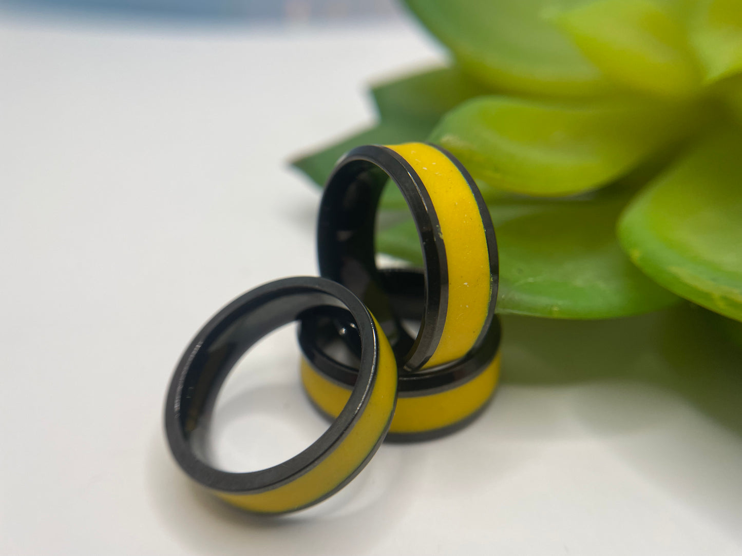 Yellow Polymer Clay Inlay Stainless Steel Ring (Black Finish)