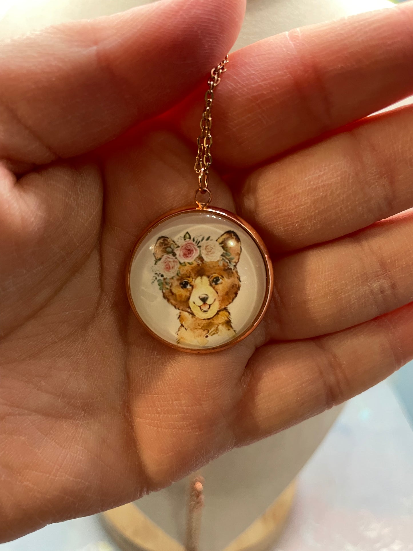 Collier Cabochon Portrait Animaux Couronne Floral -Acier Inoxydable