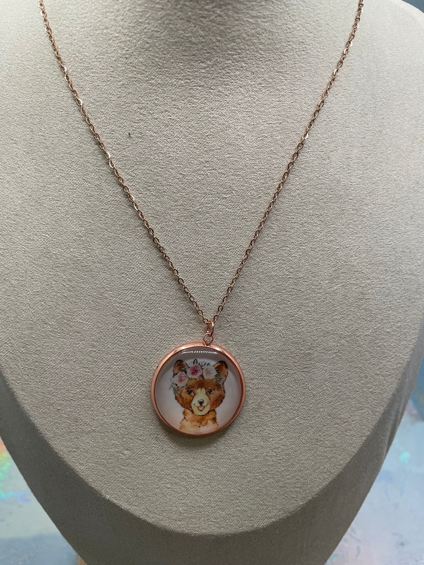 Collier Cabochon Portrait Animaux Couronne Floral -Acier Inoxydable