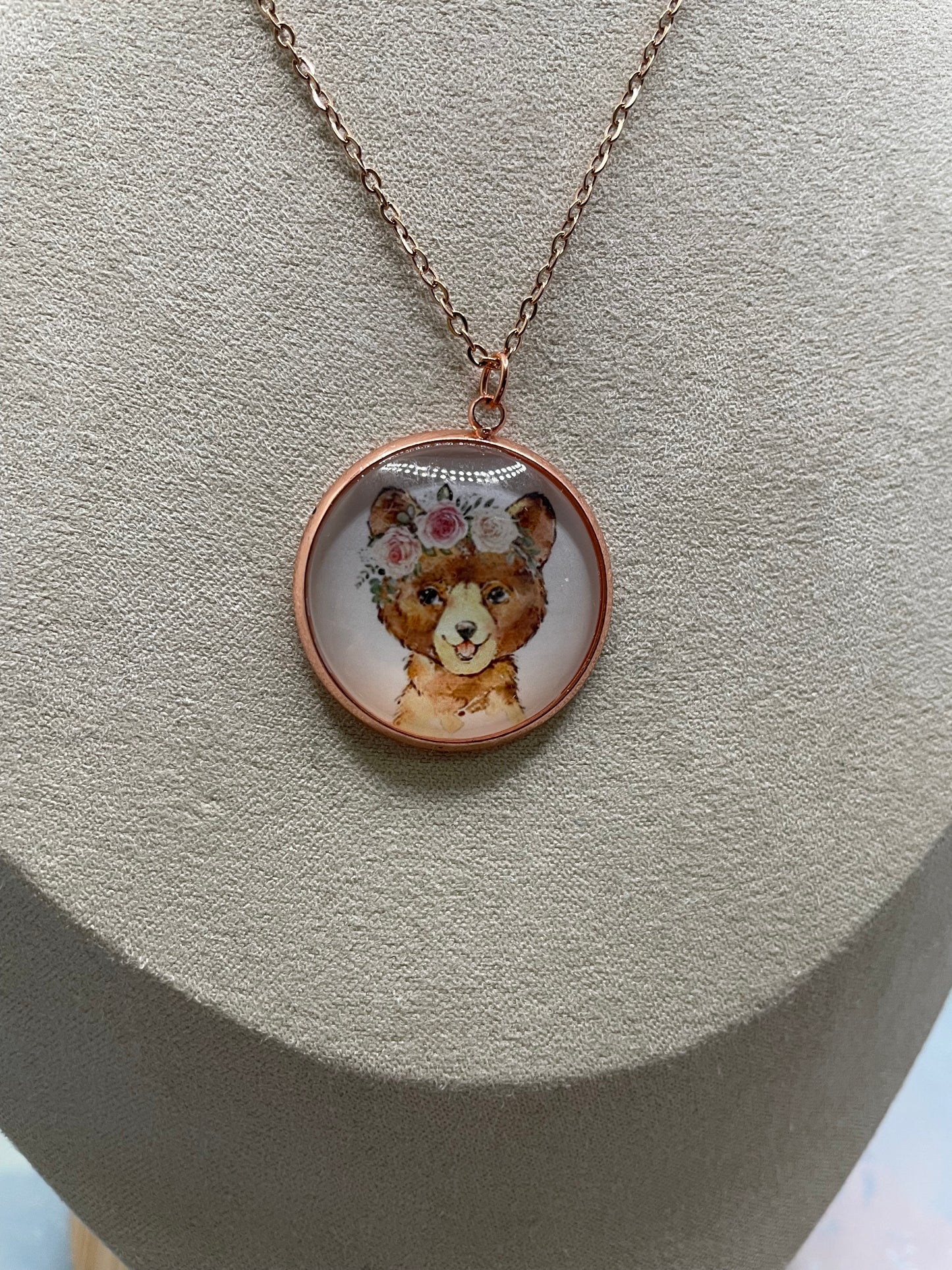 Collier Cabochon Portrait Animaux Couronne Floral -Acier Inoxydable