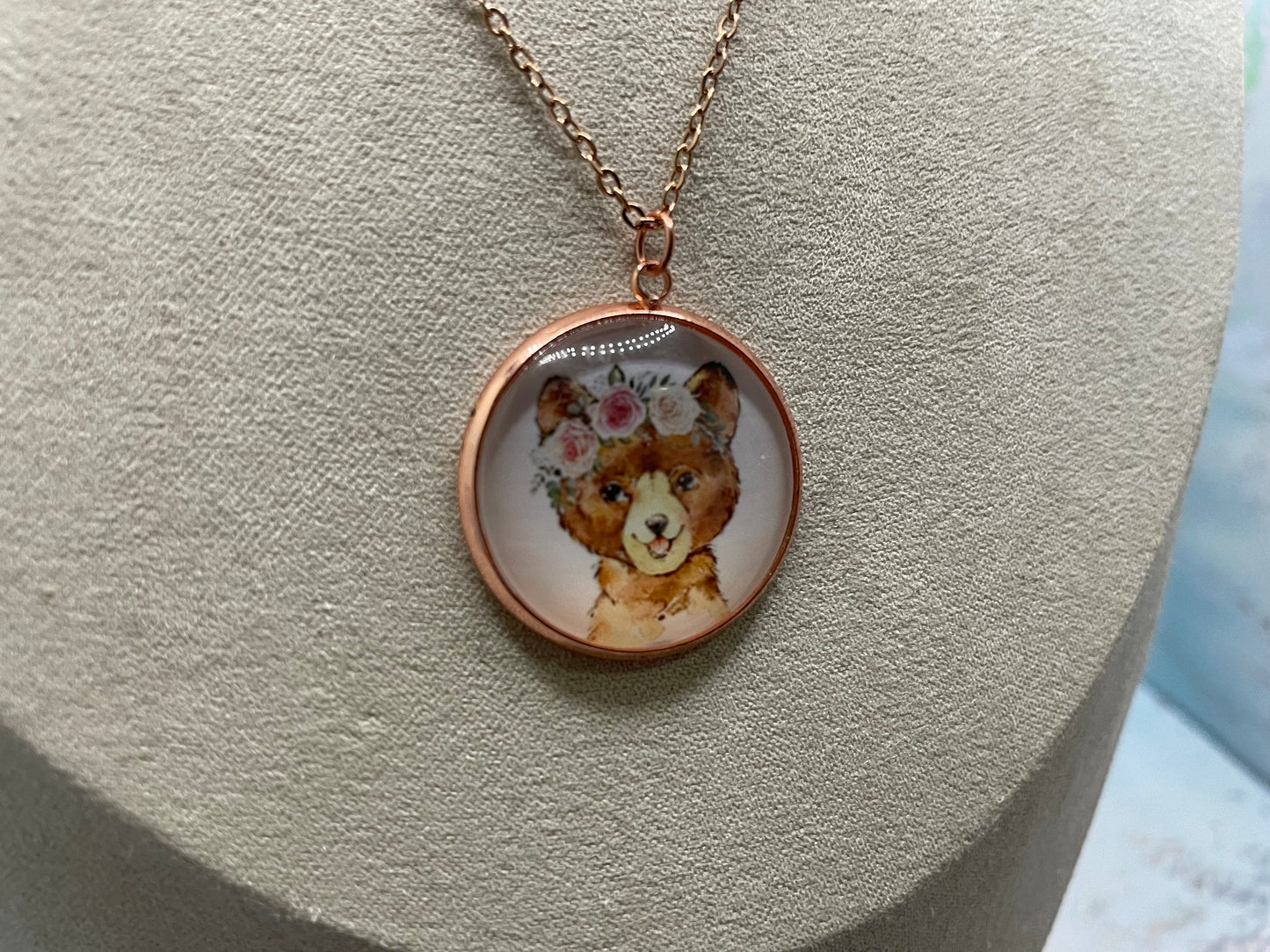 Collier Cabochon Portrait Animaux Couronne Floral -Acier Inoxydable