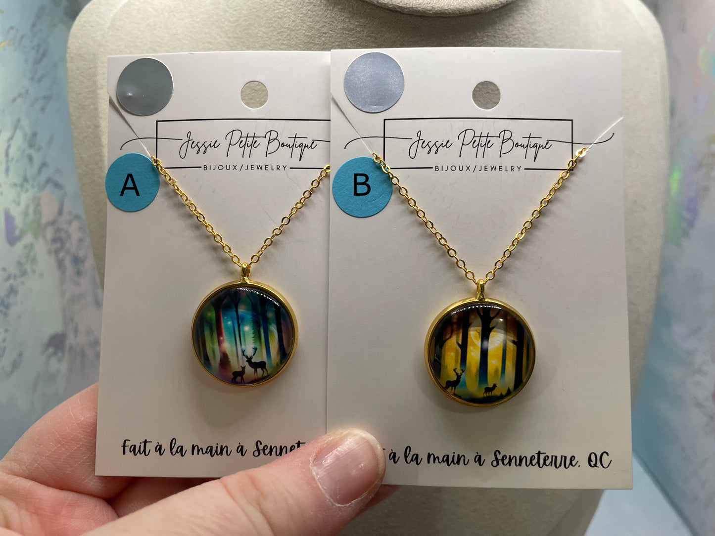 Collier Forêt & Chevreuil(Fini Doré)Acier Inoxydable+Sans Nickel