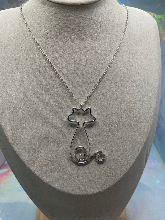 Big Silver Cat Silhouette Necklace