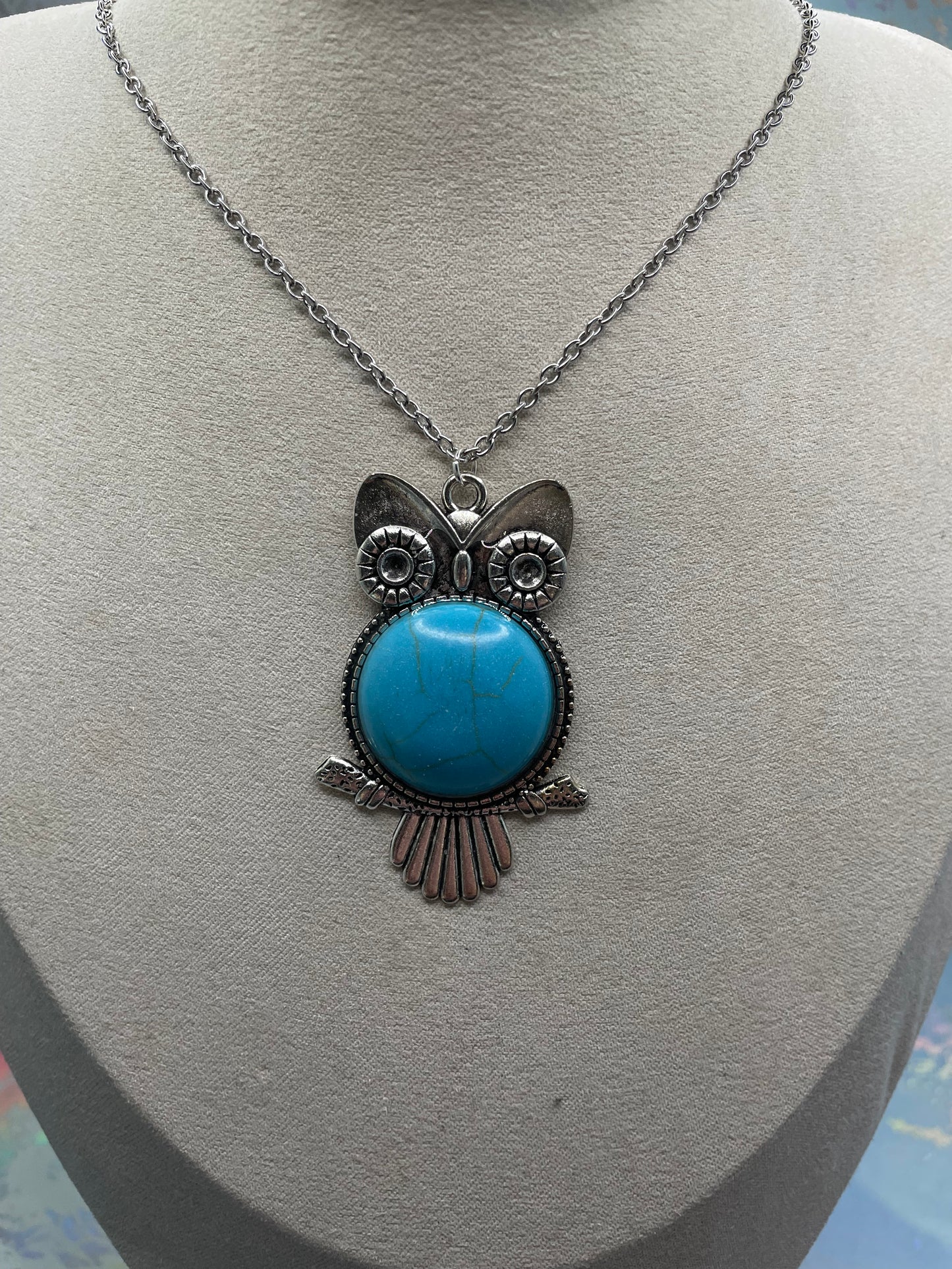 Collier hibou avec cabochon turquoise-Acier Inoxydable+Sans Nickel
