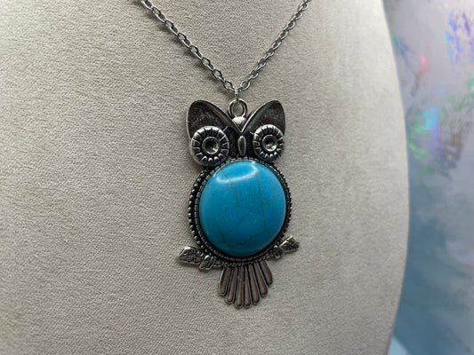 Owl Necklace with Turquoise Cabochon-Stainless Steel+Nickel Free