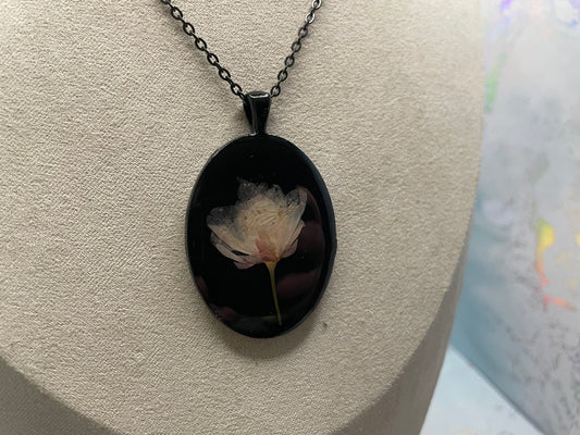 Cherry Blossom on Black Oval Necklace-Stainless Steel