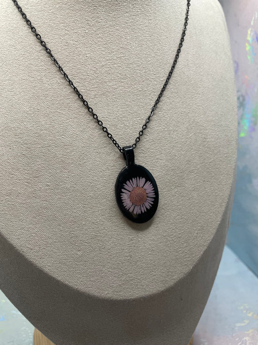 Light Pink Daisy Oval Necklace on Black Bezel-Stainless Steel