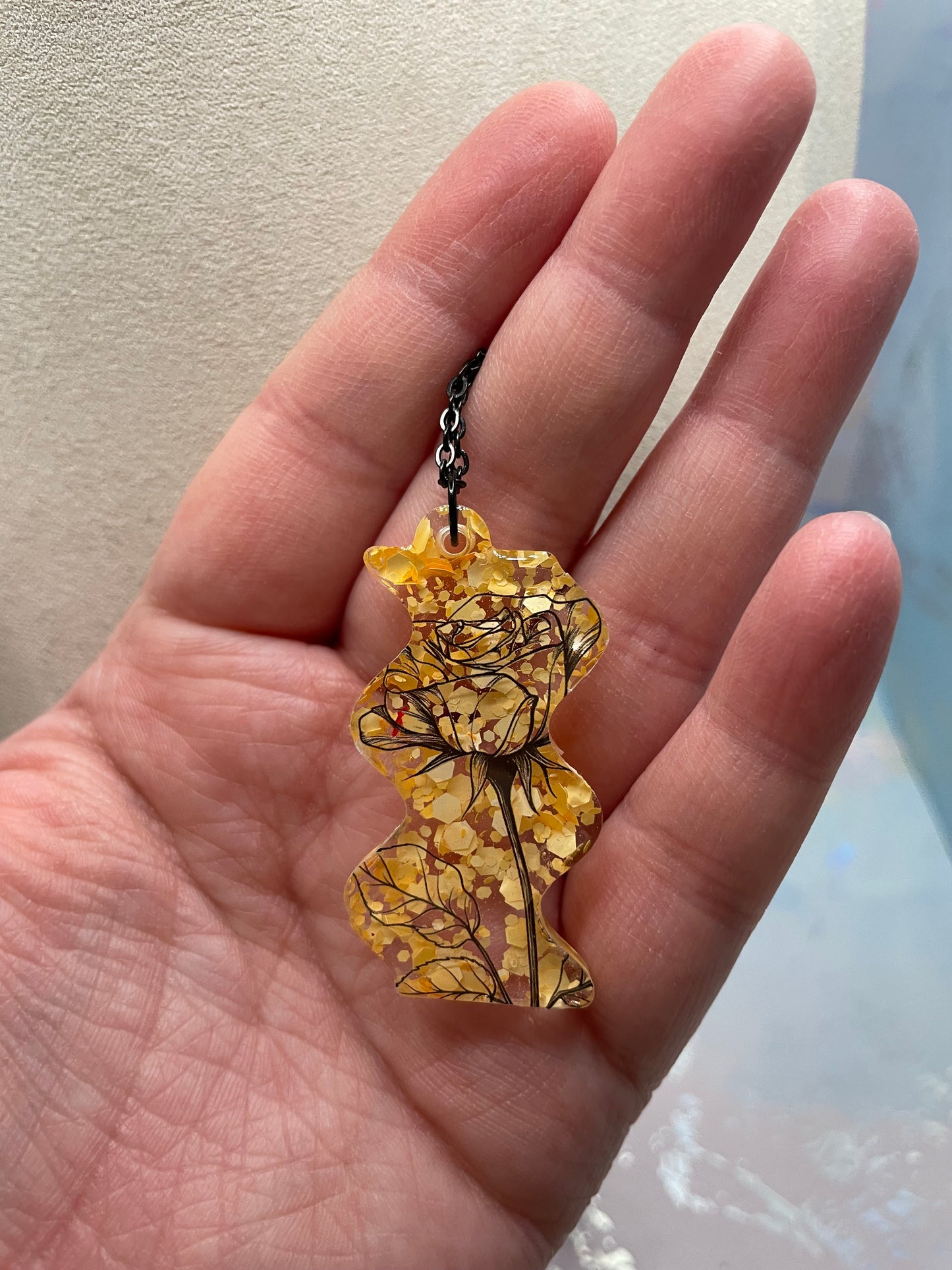 Black Floral Design & Yellow Glitter Necklace -Stainless Steel