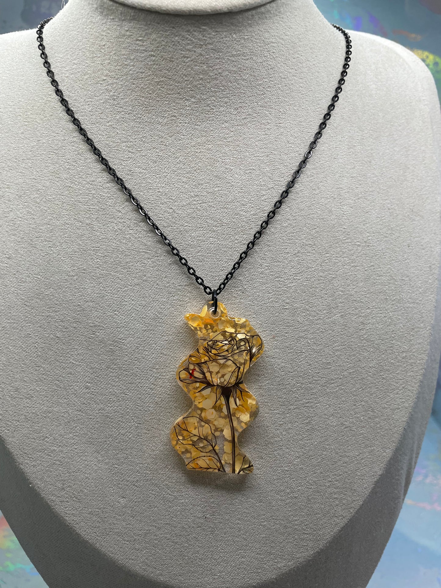 Black Floral Design & Yellow Glitter Necklace -Stainless Steel