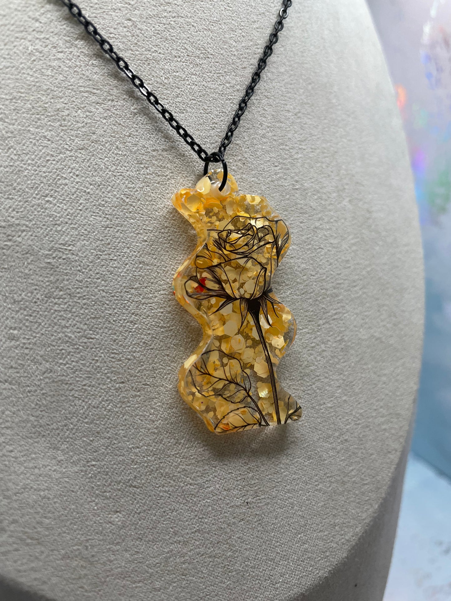 Black Floral Design & Yellow Glitter Necklace -Stainless Steel