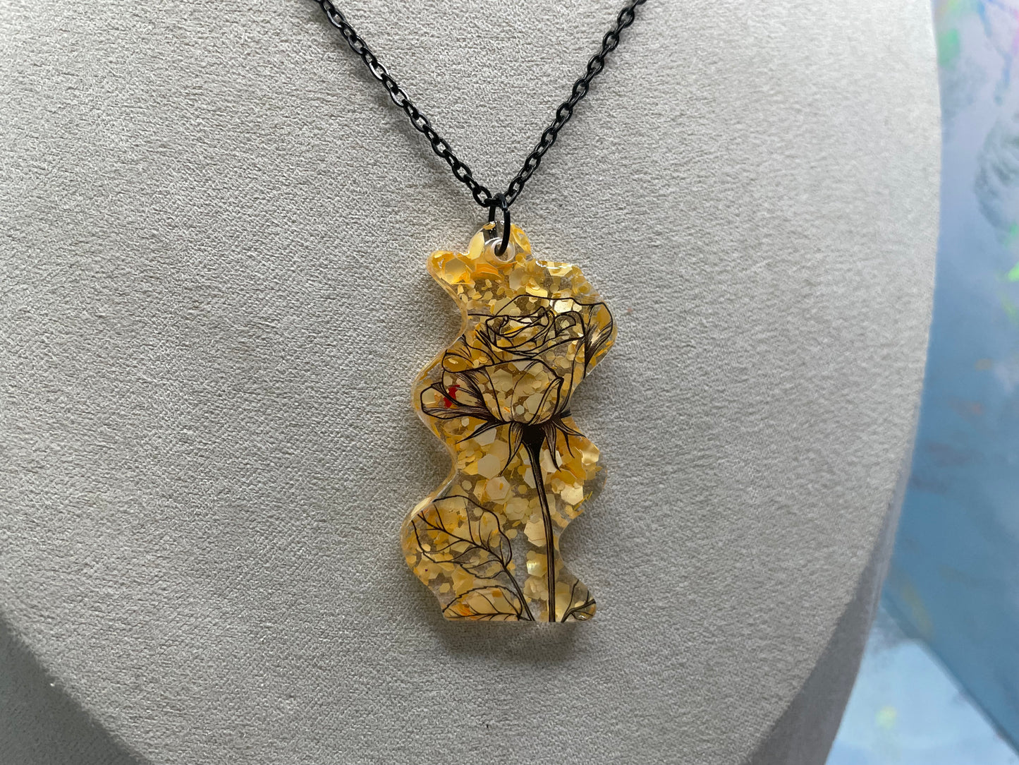 Black Floral Design & Yellow Glitter Necklace -Stainless Steel