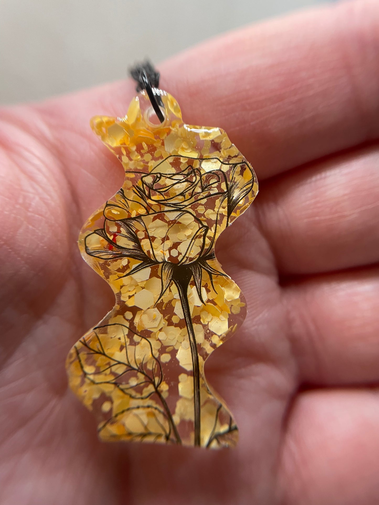 Black Floral Design & Yellow Glitter Necklace -Stainless Steel