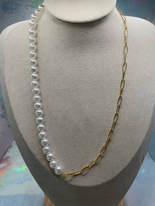 Half Pearl & Chain Necklace-Stainless Steel