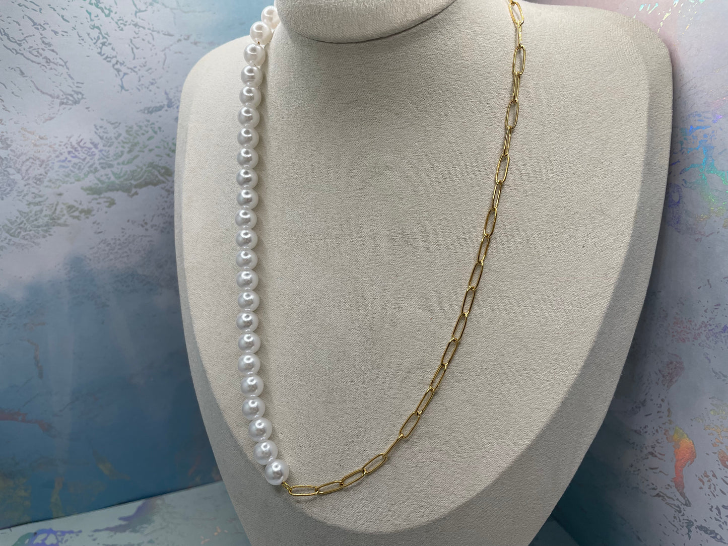 Collier demi-perles et chaîne-Acier Inoxydable