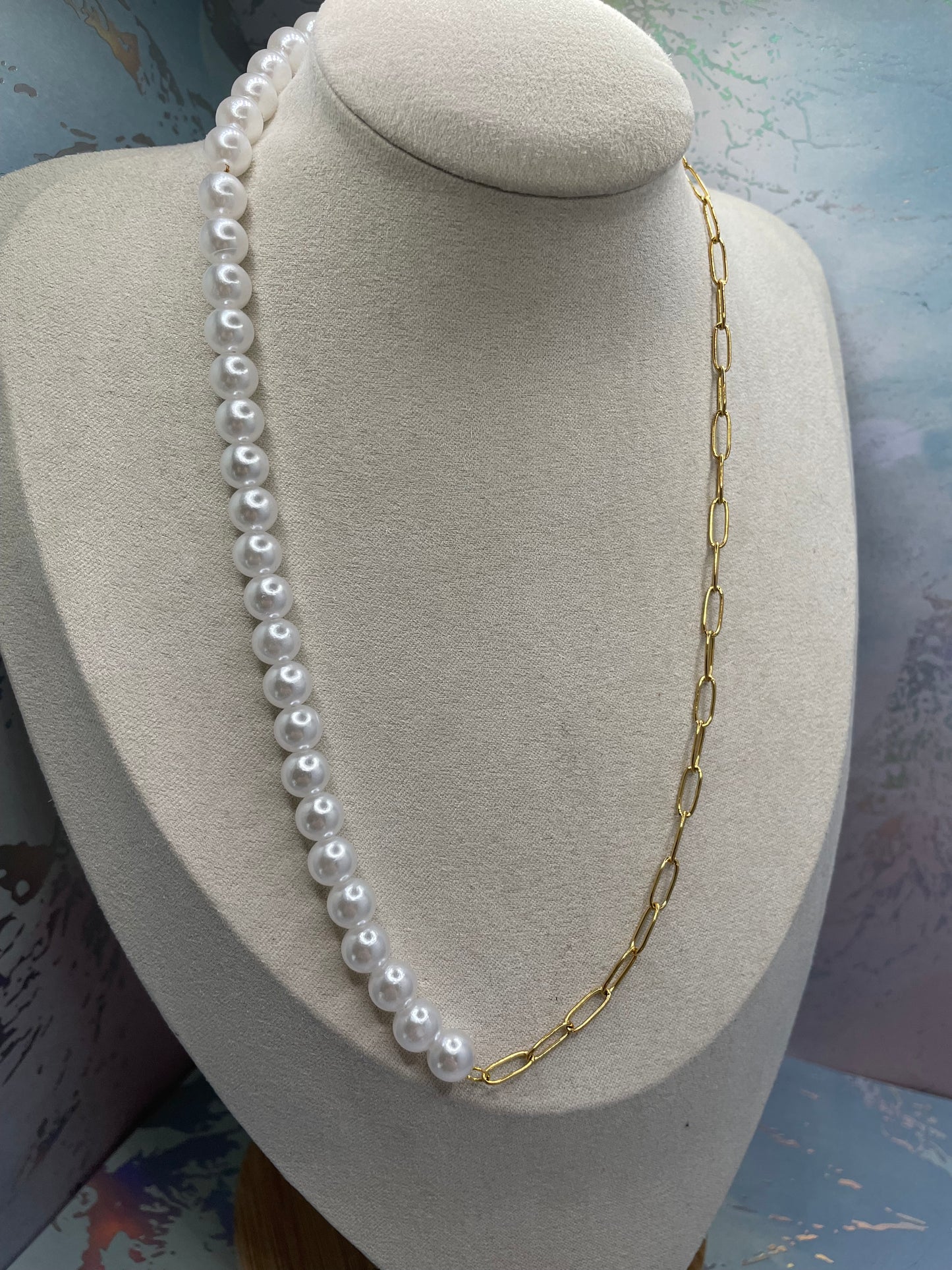 Collier demi-perles et chaîne-Acier Inoxydable