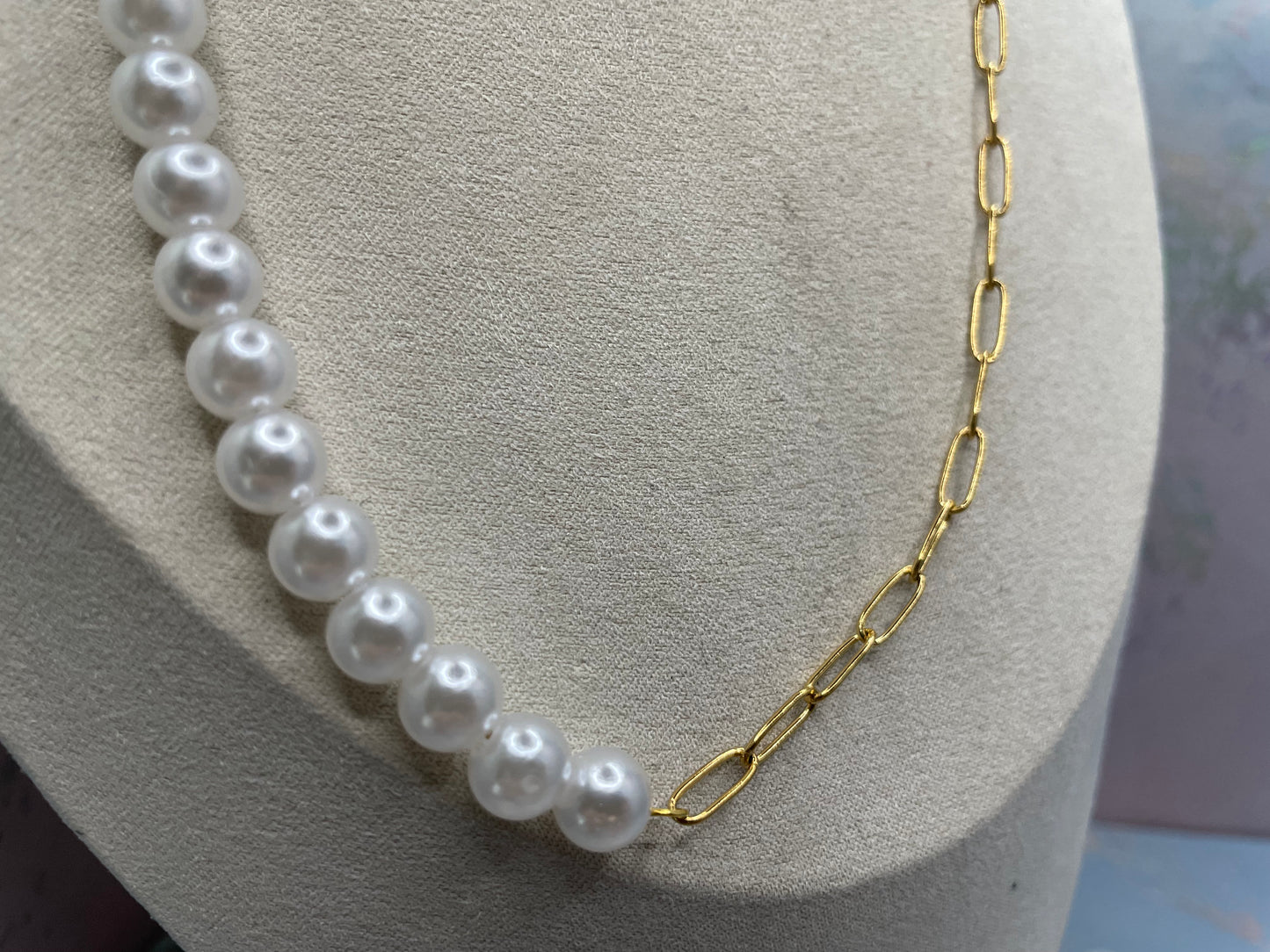Collier demi-perles et chaîne-Acier Inoxydable