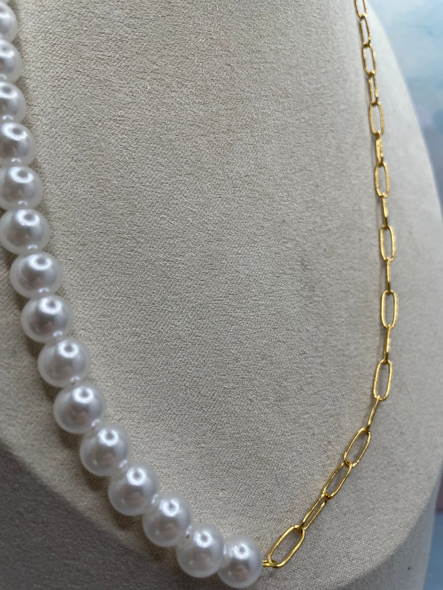 Collier demi-perles et chaîne-Acier Inoxydable
