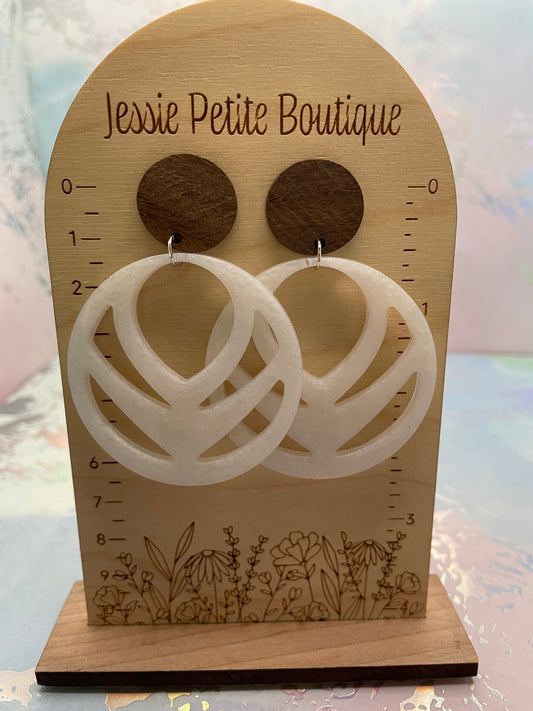White Resin & Wood Round Dangle Earrings-Nickel Free