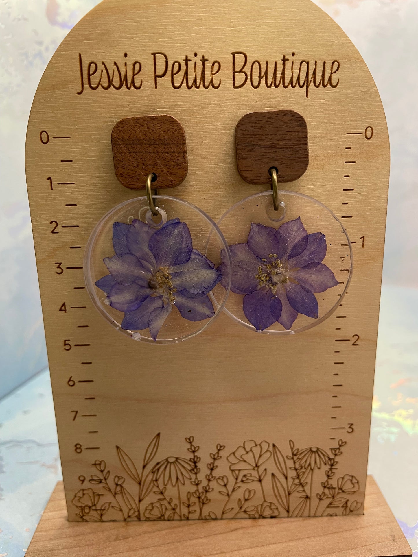 Purple Flower Resin Earrings with Wood Stud-Stainless Steel