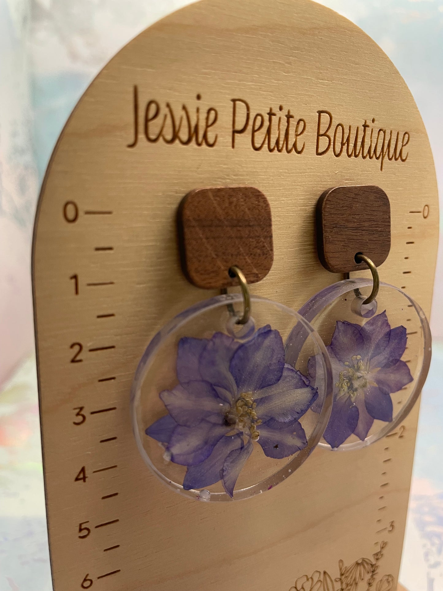 Purple Flower Resin Earrings with Wood Stud-Stainless Steel