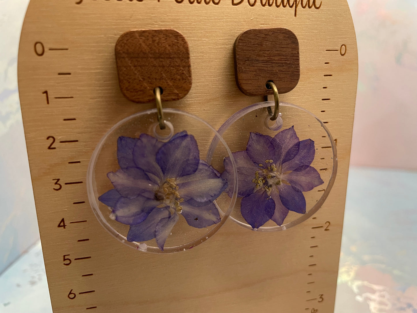 Purple Flower Resin Earrings with Wood Stud-Stainless Steel