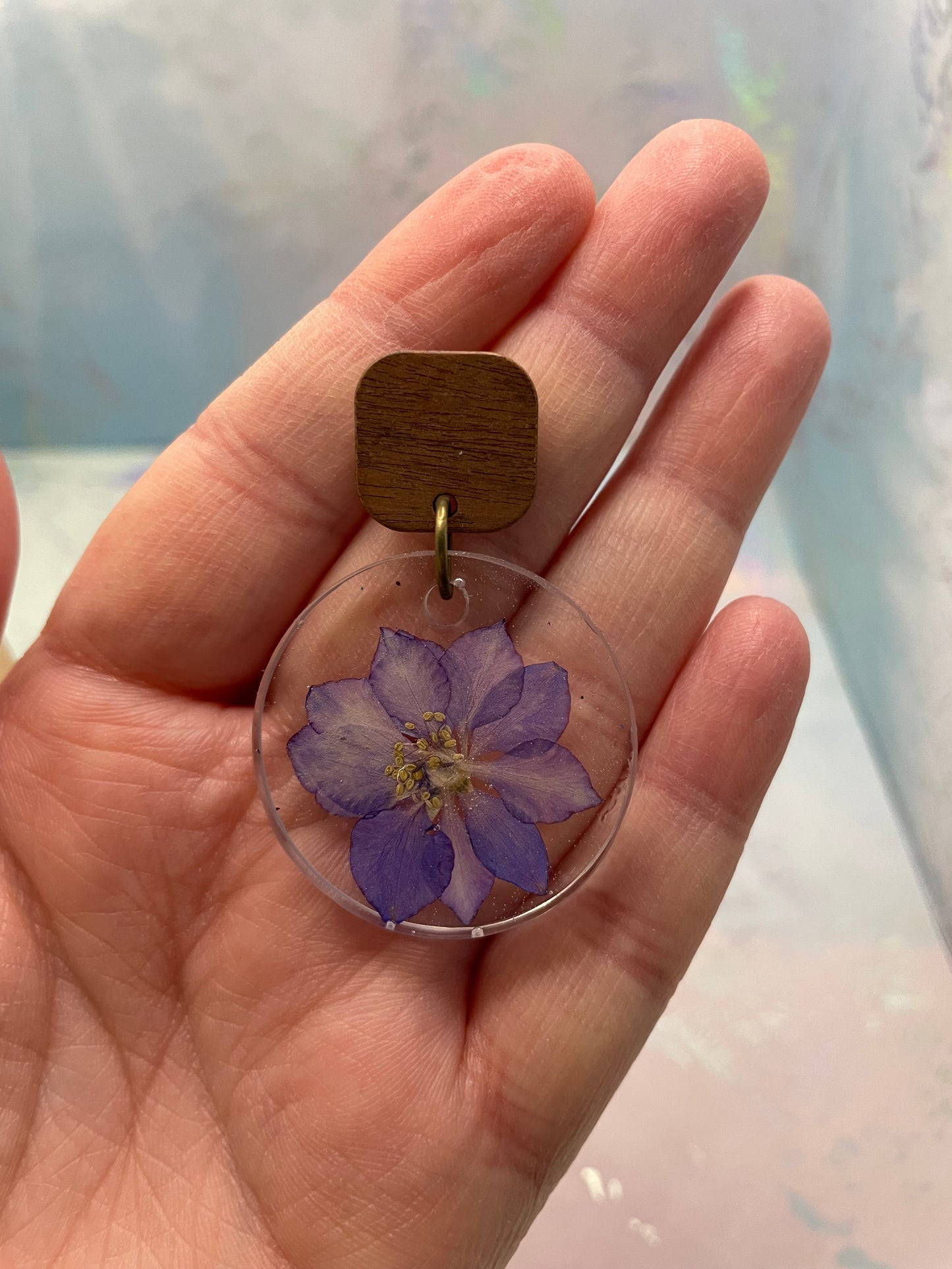 Purple Flower Resin Earrings with Wood Stud-Stainless Steel