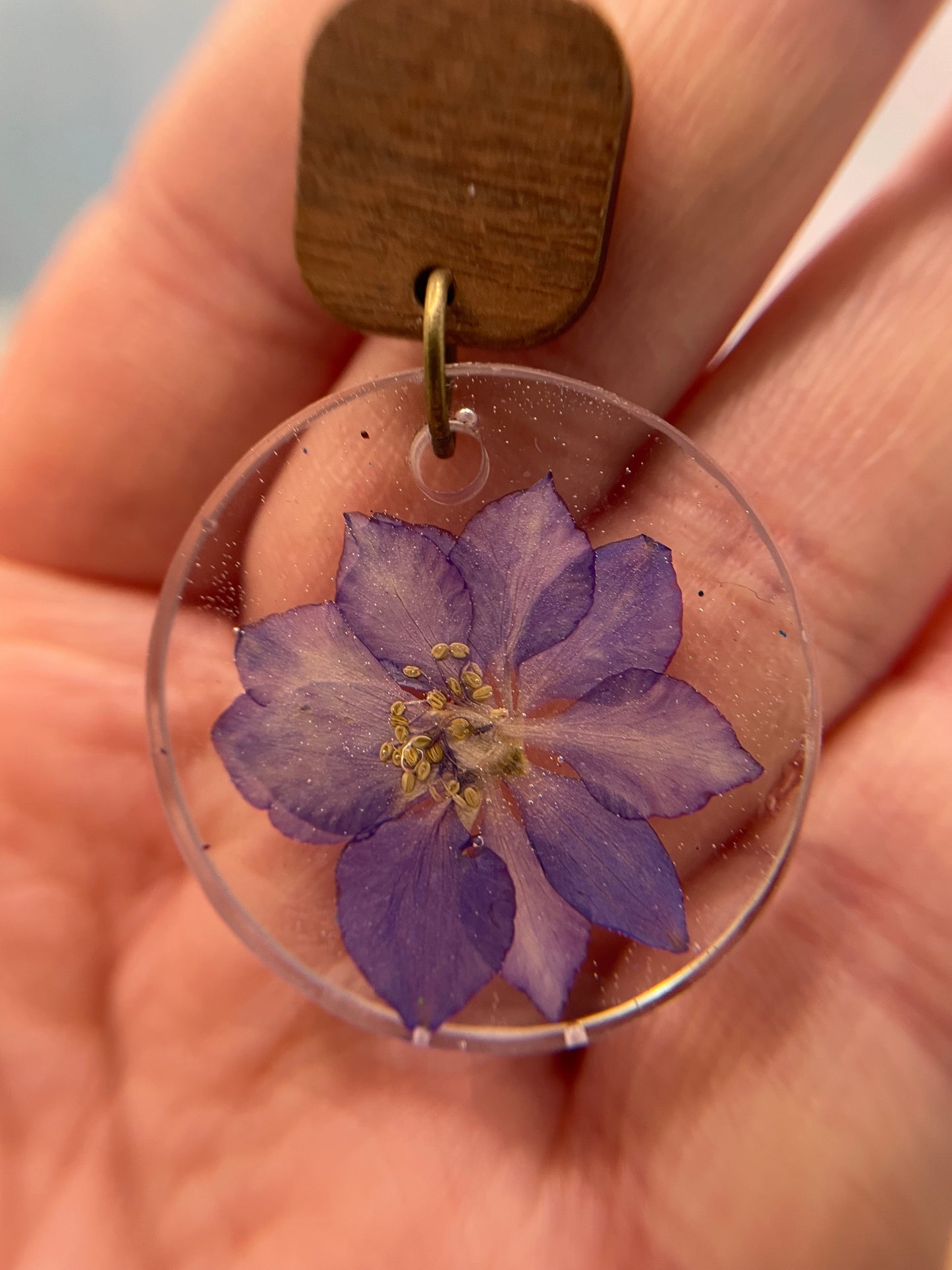 Purple Flower Resin Earrings with Wood Stud-Stainless Steel