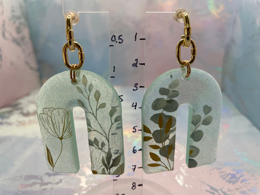 Sparkly Teal & Mint Botanical Arch Earrings-Stainless Steel