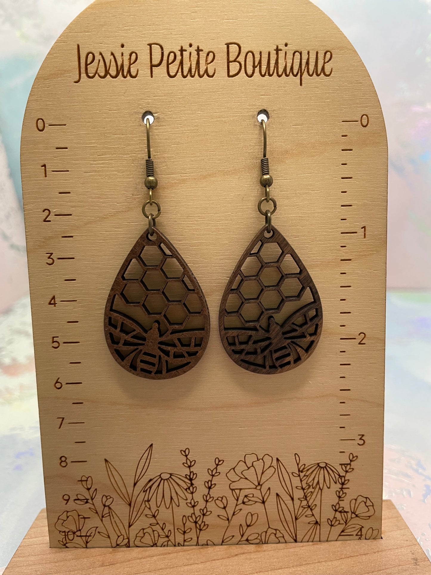 Boucle d'oreille en bois abeille+rayon de miel